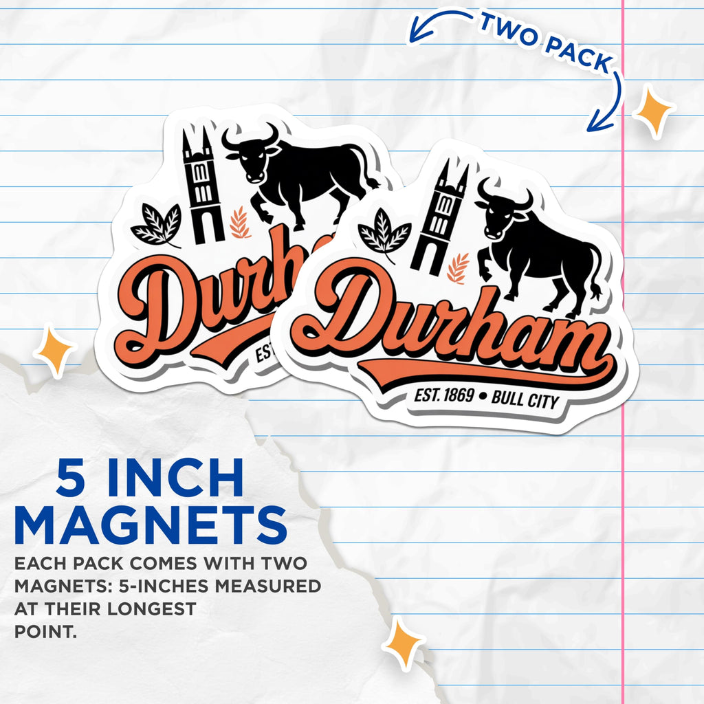 (2 Pack) Durham Magnets - Bull City Souvenirs - North Carolina Decor - 5 Inches On Longest Side - Thick Durable Magnet - Made in USA - MAG19307