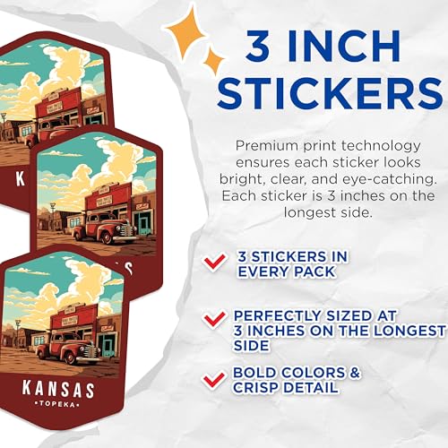 (3 Pack) Kansas Topeka Decals - Vintage Truck Art - Cityscape Travel Decals - 3 Inches On Longest Side - Easy Peel & Apply - Made in USA - 3MCS0357