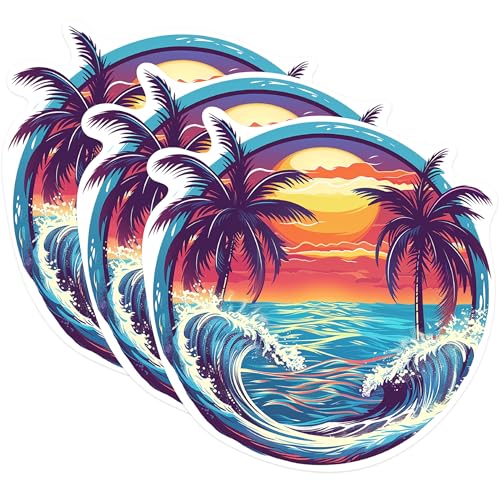 (3 Pack) Tropical Beach Decals - Palm Tree Laptop Decal - Ocean Sunset Decal - 3 Inches On Longest Side - Easy Peel & Apply - Made in USA - 3MCS0977
