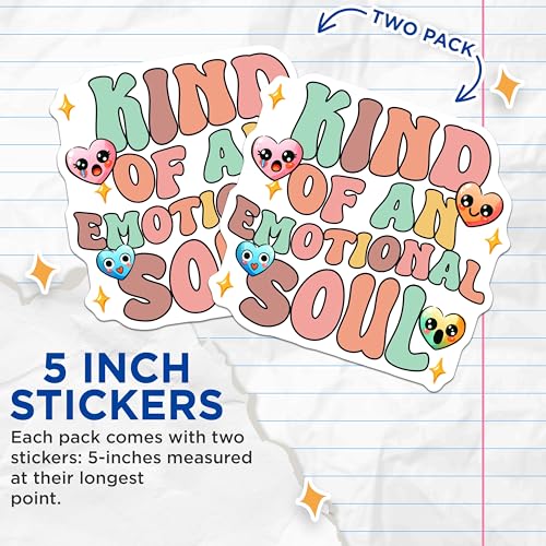 (2 Pack) Kind of an Emotional Soul Stickers - Cute Heart Face Stickers - Kawaii Emotional Quotes Stickers - 5" On Longest Side - Sticks to Any Smooth Flat Surface - Made in USA - BMCS3250