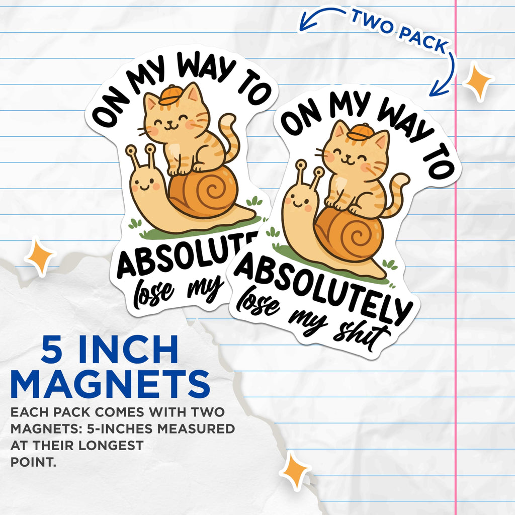 (2 Pack) Funny Cat Magnets - Snail Riding Tabby - Losing My Mind Refrigerator Magnets - 5" On Longest Side - Premium Magnet - for Cars, Refrigerators, Toolboxes, Lockers - Made in USA - MAG14504