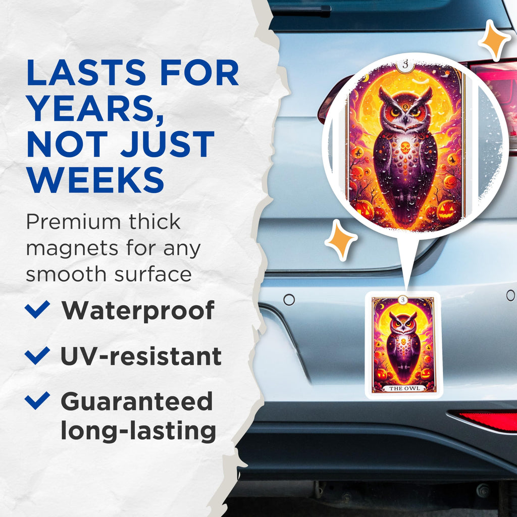 (2 Pack) Halloween Owl Magnets - Mystical Tarot Card Art Decor - Spooky Full Moon Night and Jack O Lanterns - 5 Inches On Longest Side - Thick Durable Magnet - Made in USA - MAG21883
