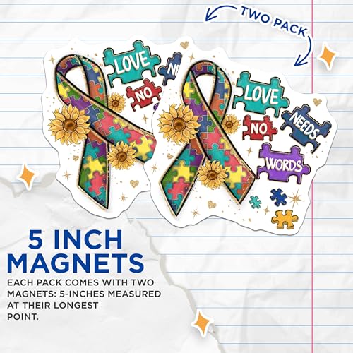 (2 Pack) Love Needs No Words Magnets - Autism Awareness - Puzzle Piece Magnets - 5" On Longest Side - for Cars, Fridges, Toolboxes - Made in USA - MAG4155