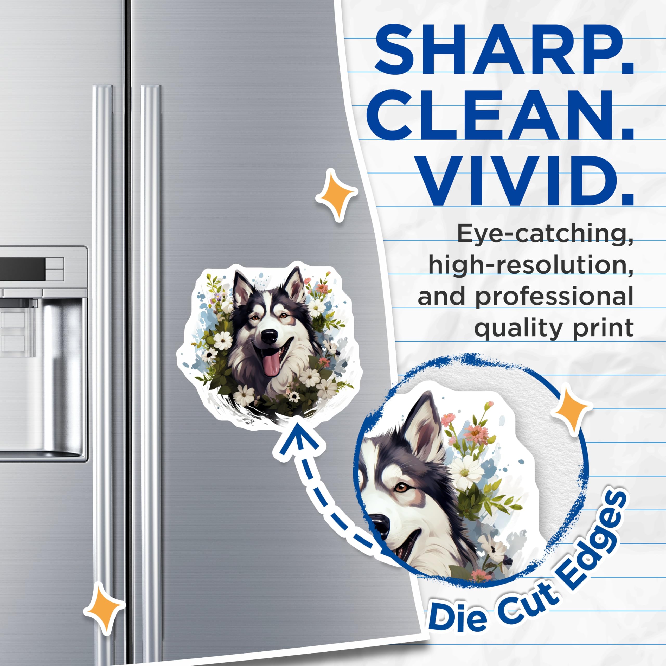 (2 Pack) Happy Husky Dog Magnets - Floral Siberian Husky Magnets - Pet Lover Decor for Refrigerator Locker - 5 Inches On Longest Side - Thick Durable Magnet - Made in USA - MAG28915