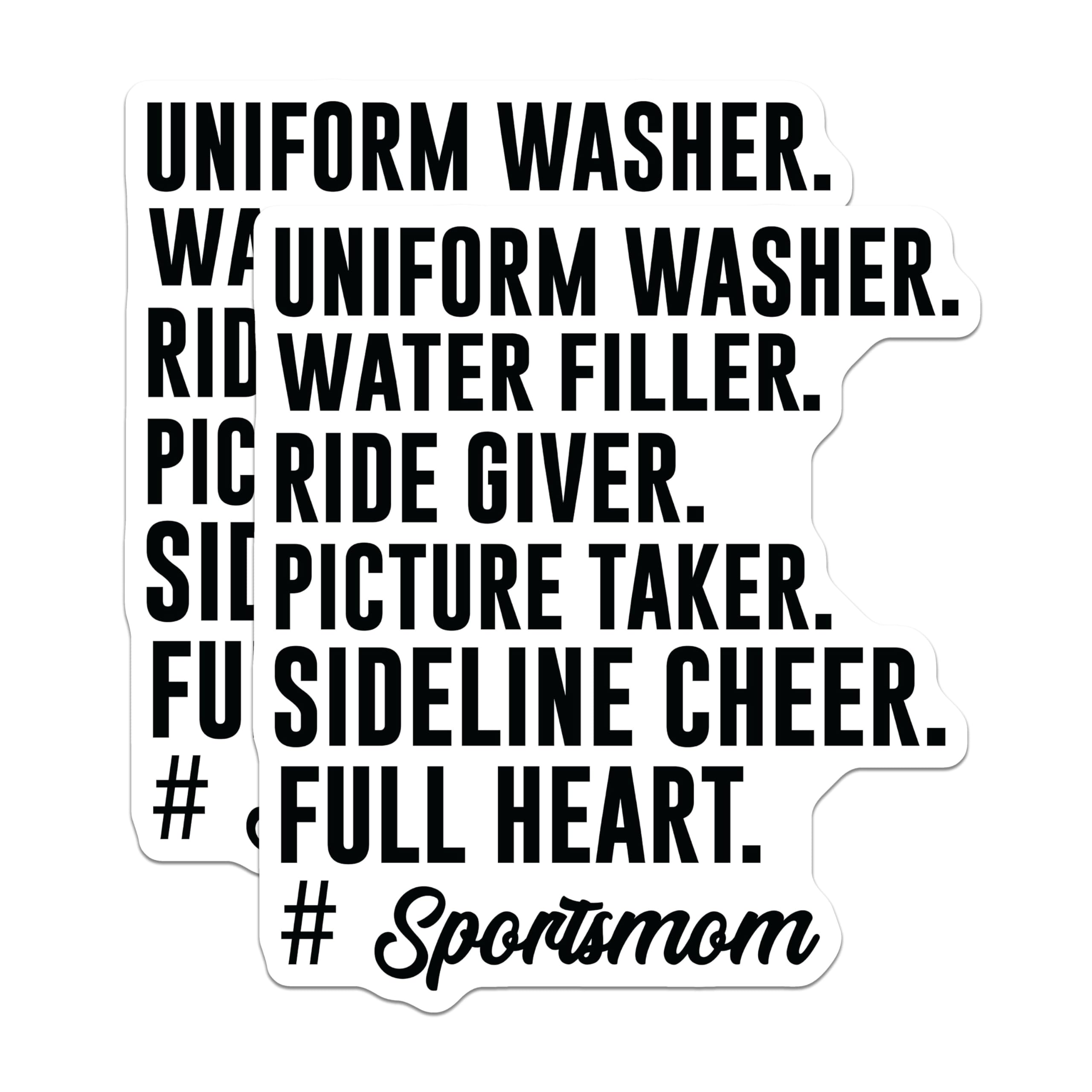 (2 Pack) Sports Mom Stickers - Uniform Washer Ride Giver Stickers - Sideline Cheer Full Heart Stickers - 5" On Longest Side - Sticks to Any Smooth Flat Surface - Made in USA - BMCS3074