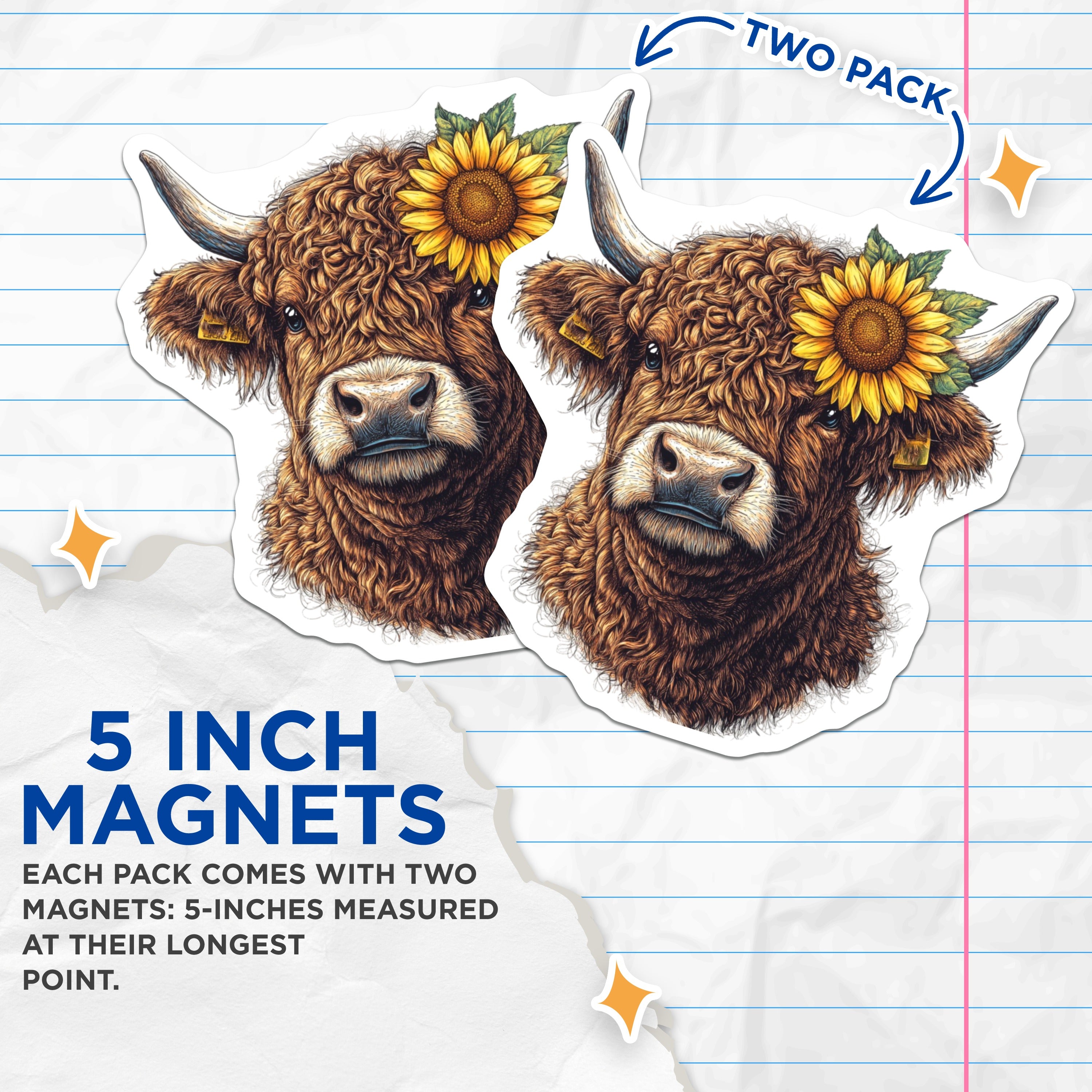 (2 Pack) Highland Cow Magnets - Sunflower Farmhouse Decor - Rustic Fridge Accent - Cute Animal Kitchen Art - Country Style Decor - 5" - Durable Magnet - Made in USA - MAG38549