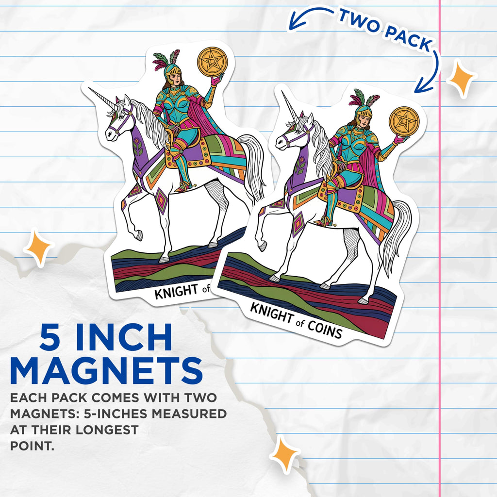(2 Pack) Knight of Coins Tarot Magnets - Major Arcana Unicorn - Spiritual Divination Pentacle - 5 Inches On Longest Side - Thick Durable Magnet - Made in USA - MAG21199