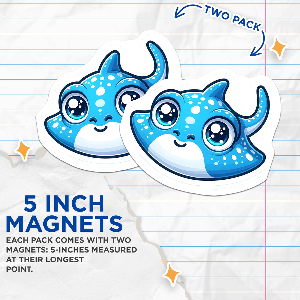 (2 Pack) Manta Ray Magnets - Cute Ocean Decor - Kawaii Animal Fridge Art - 5 Inches On Longest Side - Thick Durable Magnet - Made in USA - MAG39303