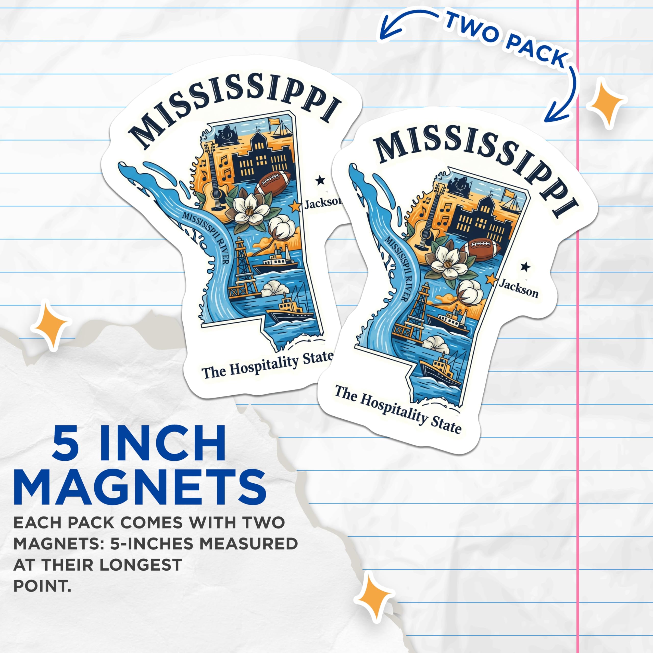 (2 Pack) Mississippi Magnets - Hospitality State Souvenir - Jackson Landmarks Fridge Decor - 5" On Longest Side - Premium Magnet - for Cars, Refrigerators, Toolboxes, Lockers - Made in USA - MAG14172