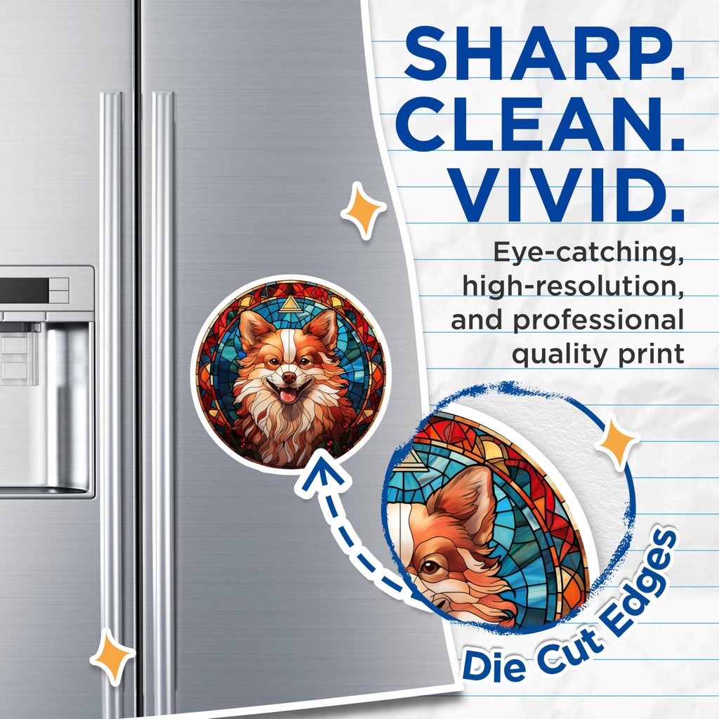 (2 Pack) Stained Glass Dog Magnets - Corgi Pomeranian Art - Whimsical Pet Fridge Decor - 5 Inches On Longest Side - Thick Durable Magnet - Made in USA - MAG28671