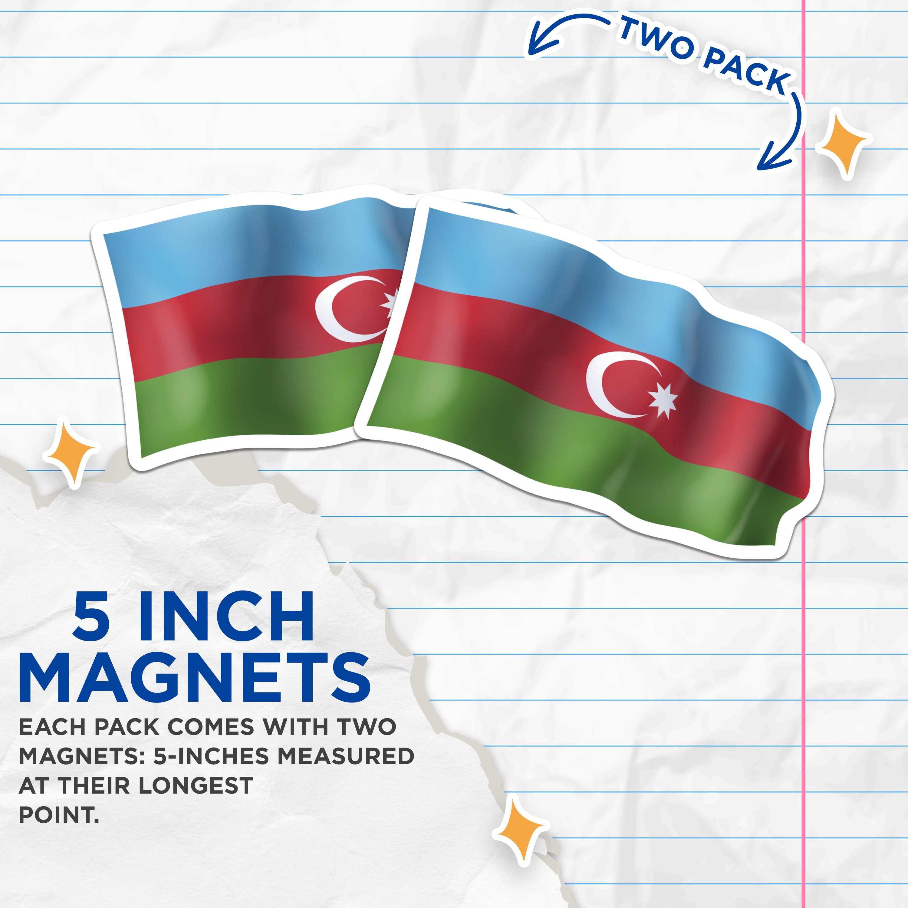 (2 Pack) Azerbaijan Flag Magnets - Azerbaijani National Emblem - Country Pride Souvenir - Home Decor Accent - 5 Inches On Longest Side - Thick Durable Magnet - Made in USA - MAG38497