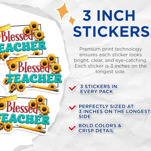 (3 Pack) Blessed Teacher Decals - Sunflower Teacher - School Decals - 3 Inches On Longest Side - Easy Peel & Apply - Made in USA - 3MCS6804