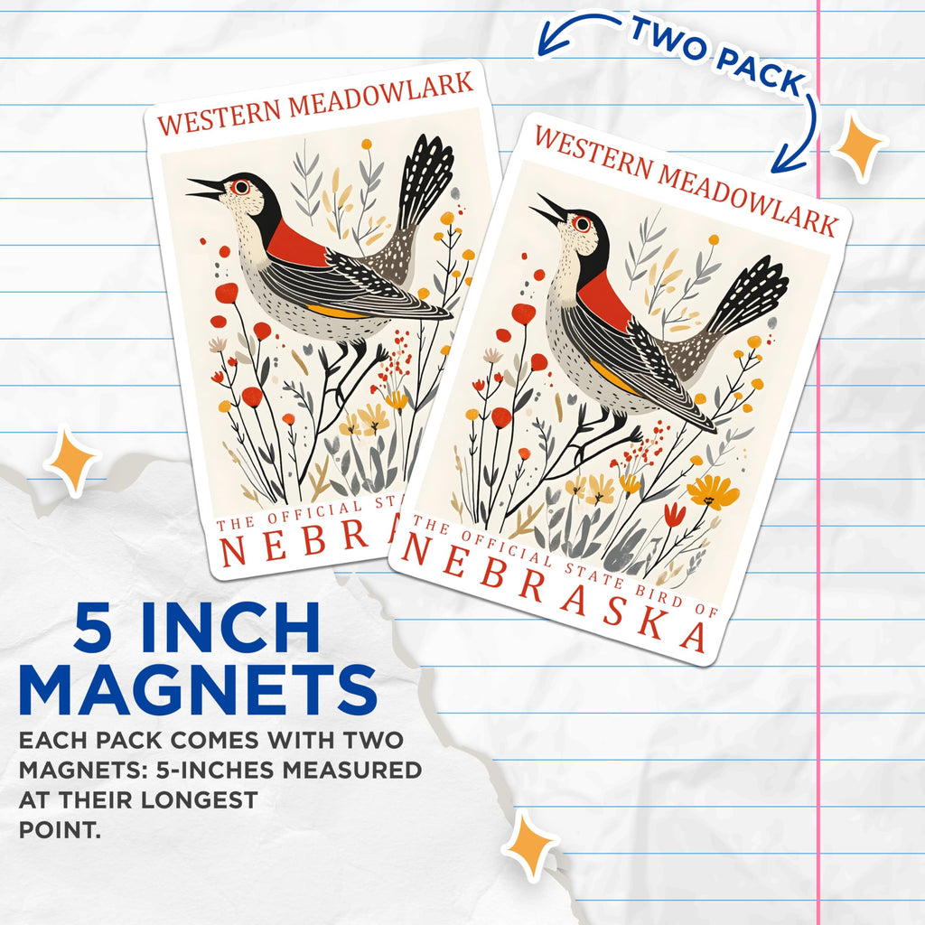 (2 Pack) Western Meadowlark Magnets - Nebraska State Bird - Bird Lover Decor - 5" On Longest Side - Premium Magnet - for Cars, Refrigerators, Toolboxes, Lockers - Made in USA - MAG17551
