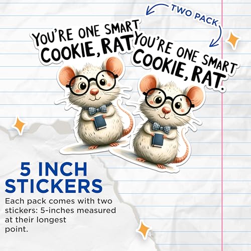 (2 Pack) Smart Cookie Rat Stickers - Funny Animal Quote Stickers - Cute Rat with Glasses Stickers - 5" On Longest Side - Sticks to Any Smooth Flat Surface - Made in USA - BMCS2651