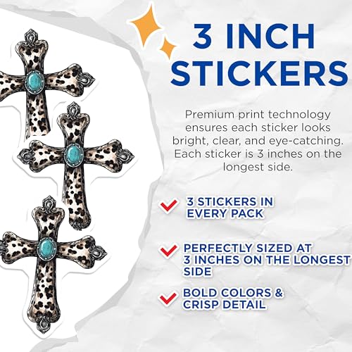 (3 Pack) Leopard Cross Decals - Turquoise Stone - Christian Symbol Decals - 3 Inches On Longest Side - Easy Peel & Apply - Made in USA - 3MCS7495