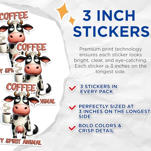 (3 Pack) Coffee Cow Decals - Funny Cow - Spirit Animal Decal - 3 Inches On Longest Side - Easy Peel & Apply - Made in USA - 3MCS1587