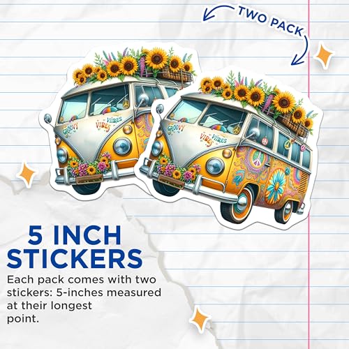 (2 Pack) Groovy Vibes Stickers - Colorful Hippie Van Decals - 5" On Longest Side - Sticks to Smooth Flat Surfaces - Made in USA - BMCS8849 - BMCS8849
