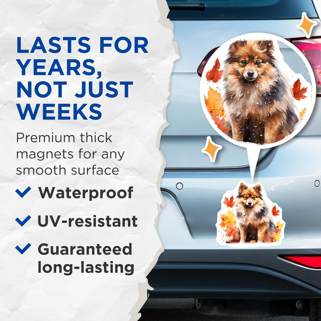 (2 Pack) Autumn Dog Magnets - Fluffy Pomeranian Pet Lover Refrigerator Magnets - Fall Leaves Dog Mom Decor - 5 Inches On Longest Side - Thick Durable Magnet - Made in USA - MAG27801