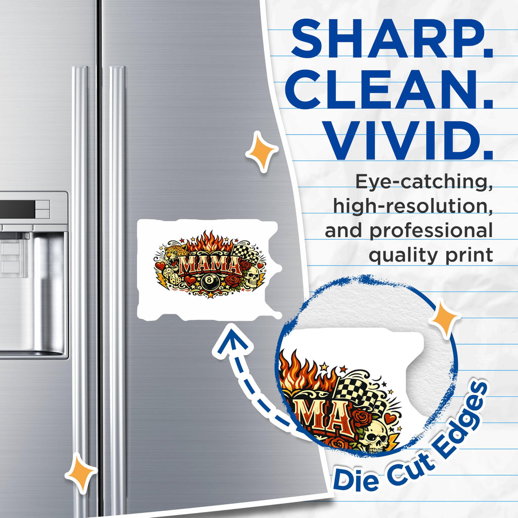 (2 Pack) Mama Magnets - Edgy Rockabilly Tattoo Art - Leopard Skull 8 Ball Dice Flames Checkered Flag - 5 Inches On Longest Side - Thick Durable Magnet - Made in USA - MAG20460