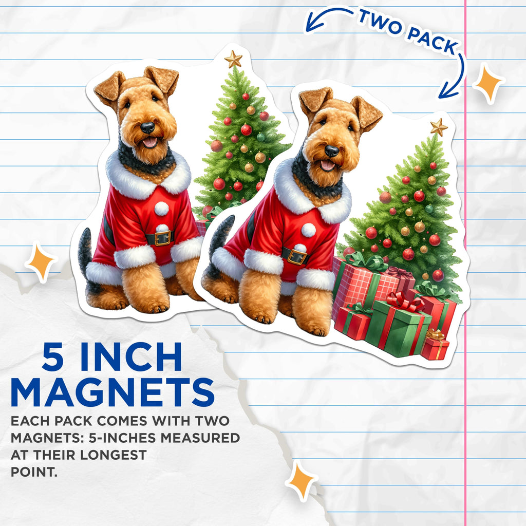(2 Pack) Santa Dog Christmas Magnets - Airedale Terrier Holiday - Cute Pet Fridge Decoration - 5 Inches On Longest Side - Thick Durable Magnet - Made in USA - MAG25403