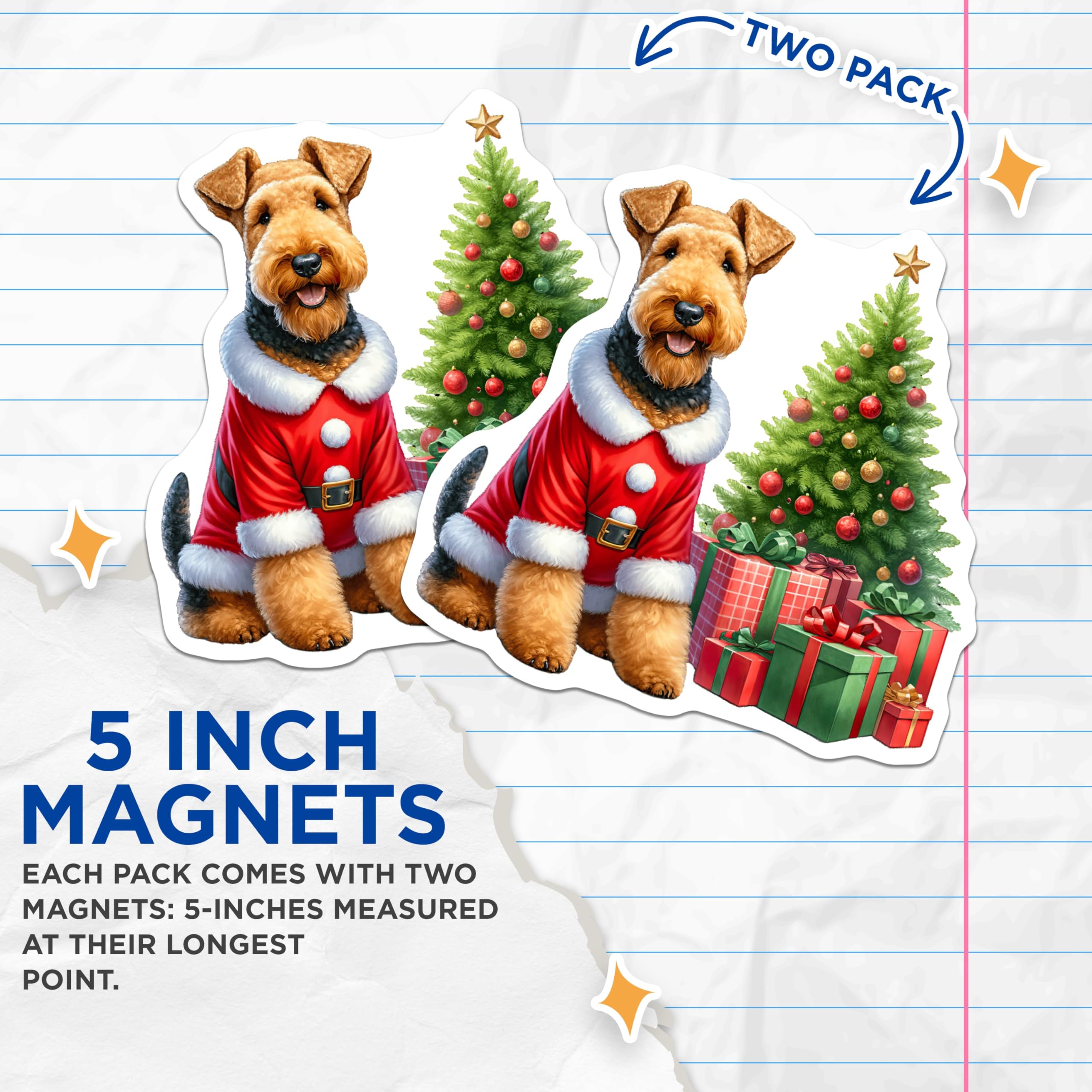 (2 Pack) Santa Dog Christmas Magnets - Airedale Terrier Holiday - Cute Pet Fridge Decoration - 5 Inches On Longest Side - Thick Durable Magnet - Made in USA - MAG25403