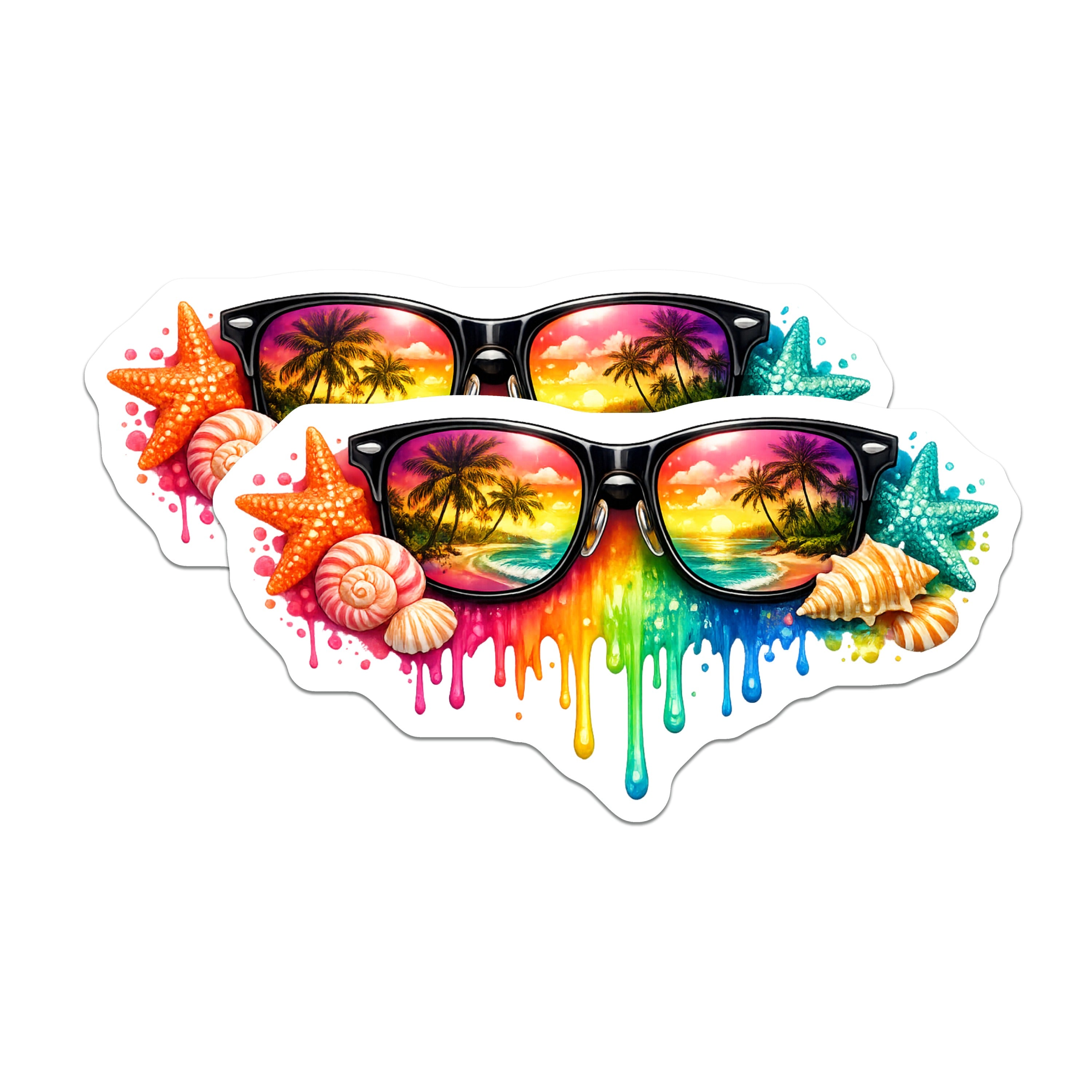 (2 Pack) Beach Sunset Sunglasses Magnets - Tropical Summer Vacation - Colorful Ocean Art - 5 Inches On Longest Side - Thick Durable Magnet - Made in USA - MAG36091