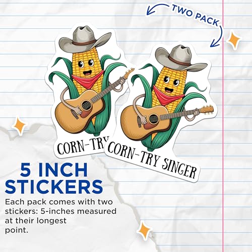 (2 Pack) Corn-Try Singer Stickers - Funny Corn Playing Guitar - Musical Corn Decal - 5" On Longest Side - Sticks to Smooth Flat Surfaces - Made in USA - BMCS7633