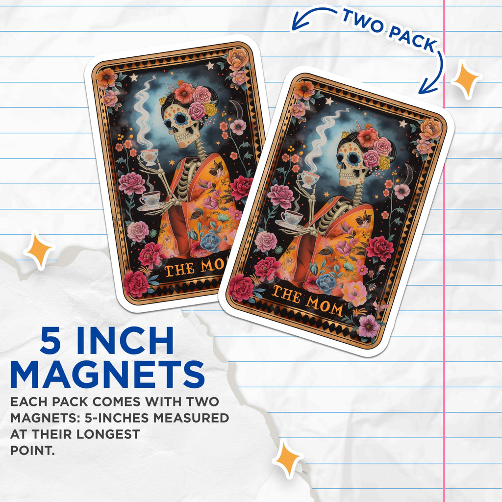 (2 Pack) Day of the Dead Mom Magnets - Sugar Skull Floral Skeleton - Tea Lover Calavera Art - Tarot Mother Refrigerator Decor - 5 Inches On Longest Side - Thick Durable Magnet - Made in USA - MAG23677