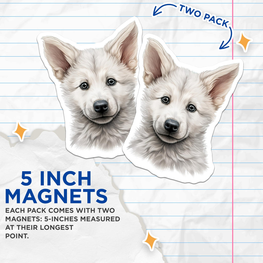 (2 Pack) White Puppy Magnets - Adorable Dog Art Decor - Cute Canine Refrigerator Decal - Pet Animal Lover Collectibles - 5 Inches On Longest Side - Thick Durable Magnet - Made in USA - MAG24217