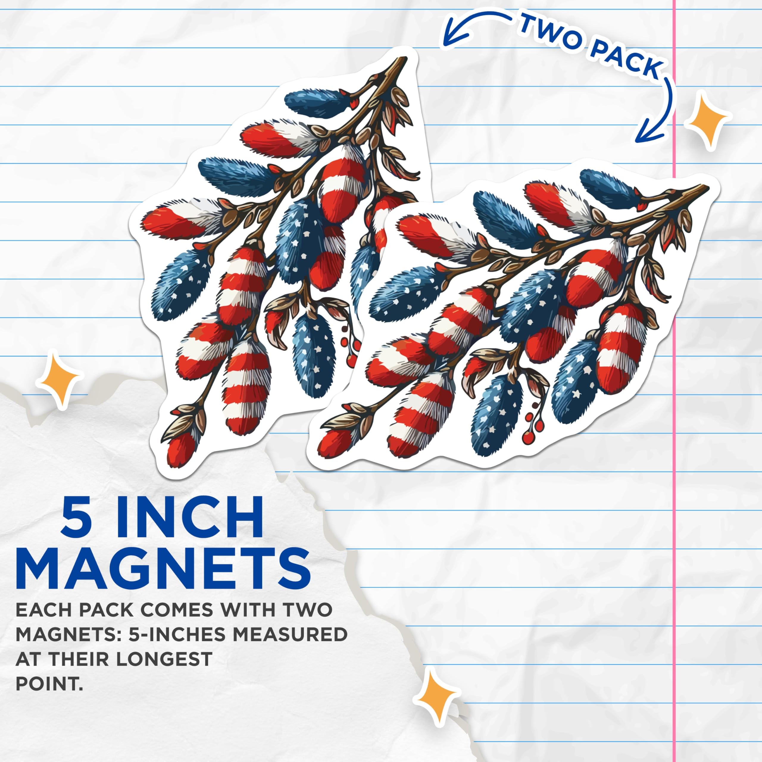 (2 Pack) American Flag Pussy Willow Magnets - USA Patriotic Spring Decor - Independence Day Kitchen Accent - 5 Inches On Longest Side - Thick Durable Magnet - Made in USA - MAG19748