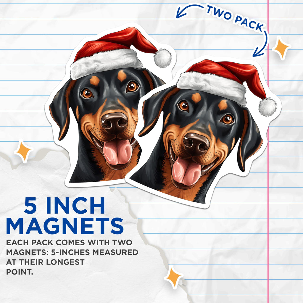 (2 Pack) Doberman Christmas Magnets - Santa Hat Dog Decor - Festive Pet Holiday - 5 Inches On Longest Side - Thick Durable Magnet - Made in USA - MAG26673