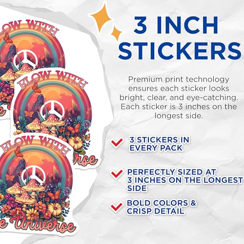 (3 Pack) Psychedelic Decals - Mushroom Art - Peace Sign Decor - 3 Inches On Longest Side - Easy Peel & Apply - Made in USA - 3MCS7639