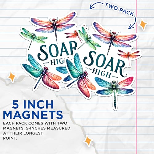 (2 Pack) Dragonfly Soar High Magnets - Inspirational Dragonfly Magnets - Motivational Quote Magnets- 5" On Longest Side - for Fridges, Toolboxes, Cars - Made in USA - MAG2692