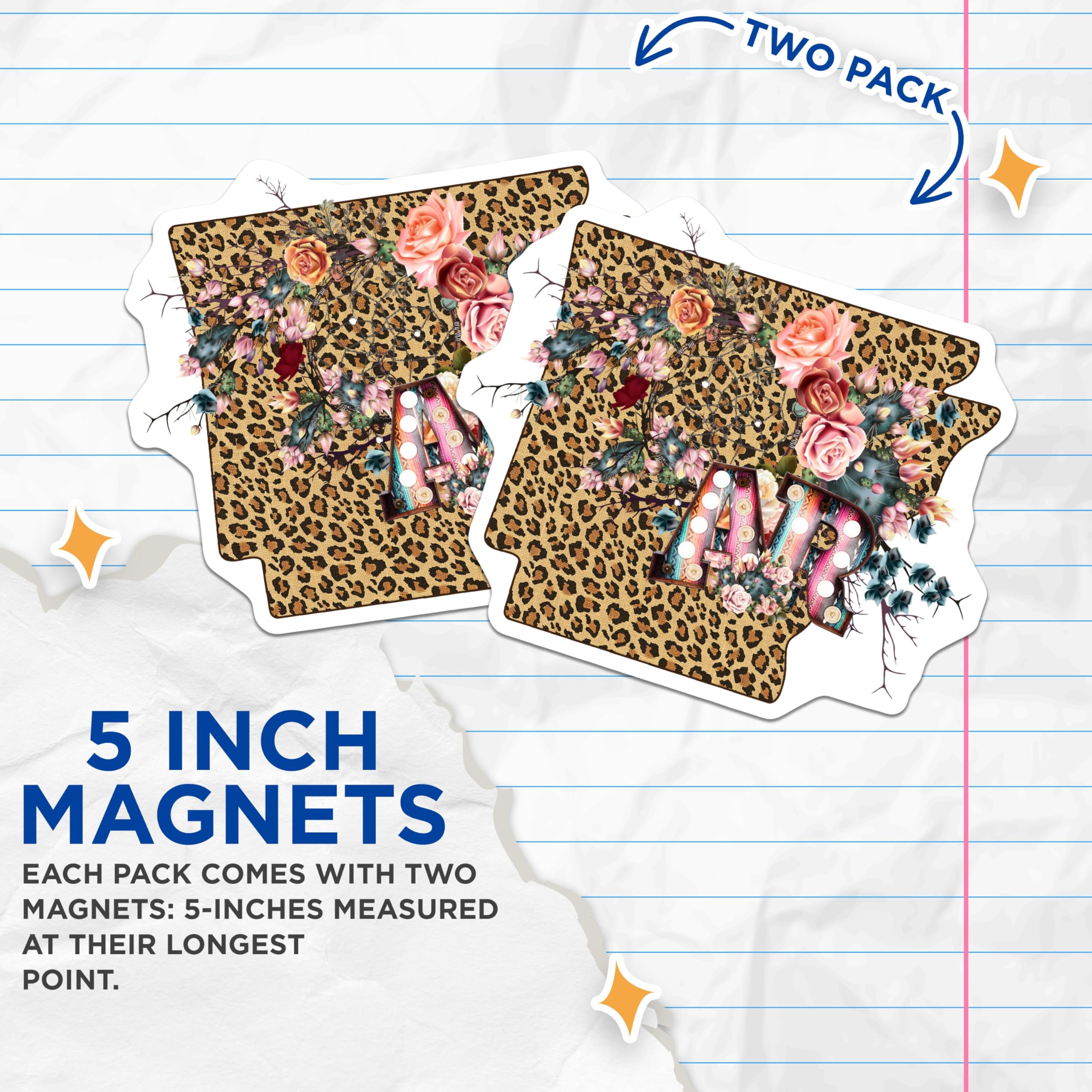 (2 Pack) Arkansas Leopard Magnets - Floral State Pride - Southwestern Decor - 5" On Longest Side - Premium Magnet - for Cars, Refrigerators, Toolboxes, Lockers - Made in USA - MAG17409