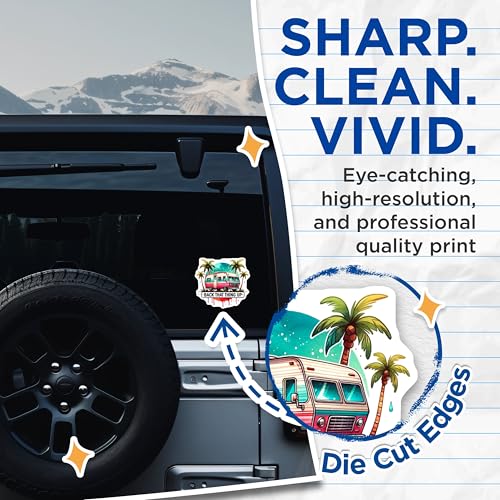 (2 Pack) Back That Thing Up Stickers - RV Camper - Retro Palm Tree Sticker for Laptop Water Bottle - 5" On Longest Side - Sticks to Smooth Flat Surfaces - Made in USA - BMCS6426