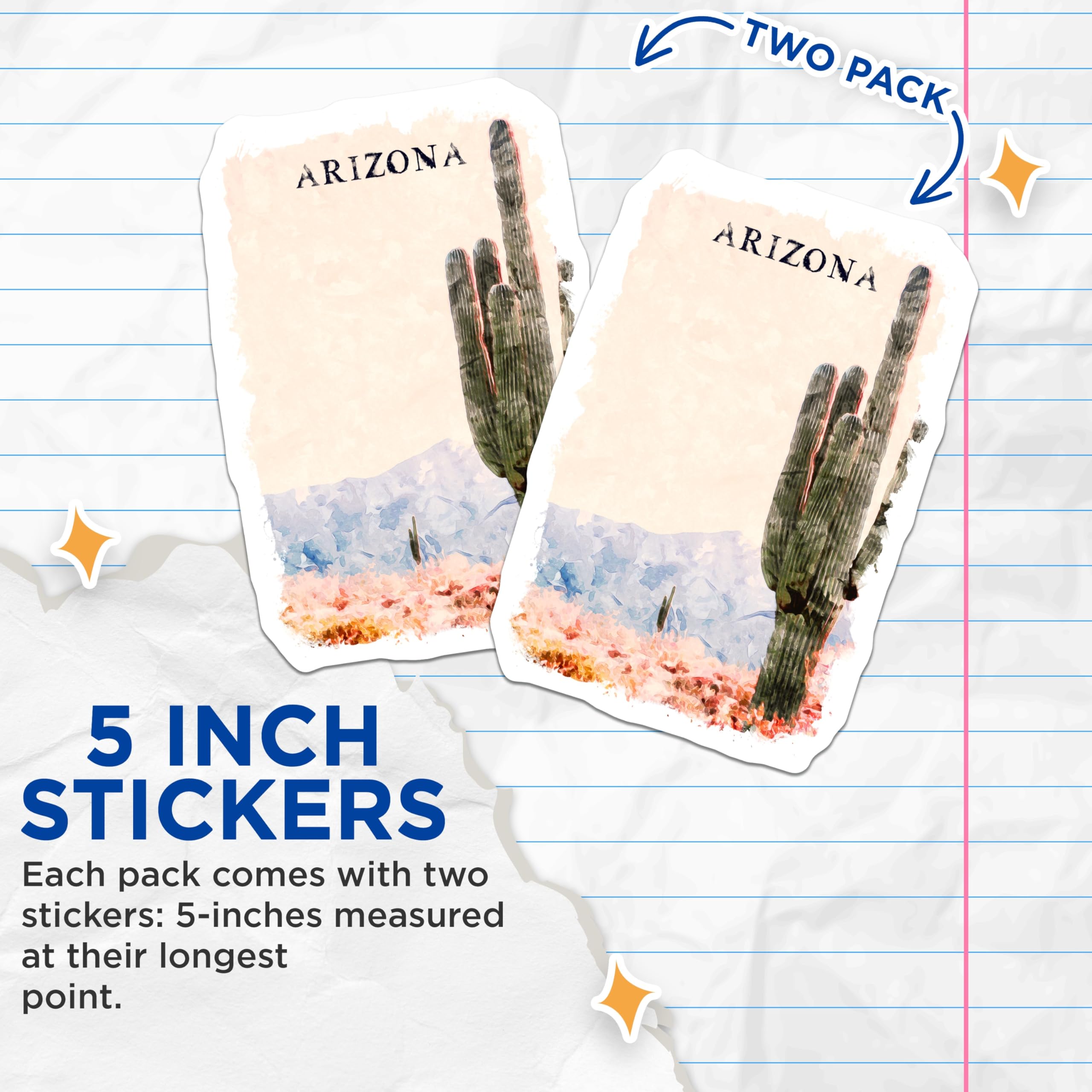 (2 Pack) Arizona Cactus Stickers - Desert Landscape - Watercolor Art Decals - 5" On Longest Side - Sticks to Smooth Flat Surfaces - Made in USA - BMCS18219