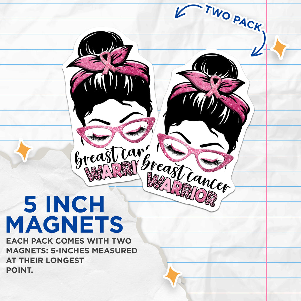 (2 Pack) Breast Cancer Warrior Magnets - Pink Ribbon Awareness - Messy Bun Survivor Support Hope - 5 Inches On Longest Side - Thick Durable Magnet - Made in USA - MAG37169