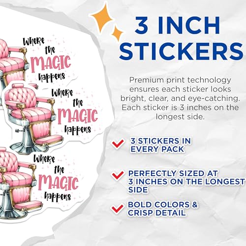(3 Pack) Salon Chair Decals - Barber Shop Decor - Magic Happens Decal - 3 Inches On Longest Side - Easy Peel & Apply - Made in USA - 3MCS6343