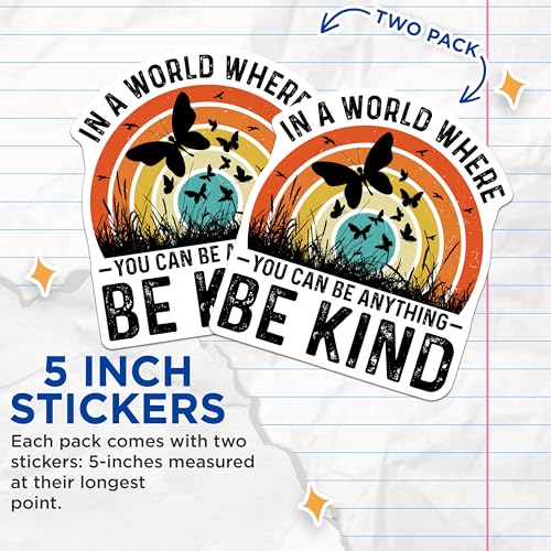 (2 Pack) Inspirational Quote Stickers - Be Kind Stickers - Positive Message Stickers Butterflies Rainbow - 5" On Longest Side - Sticks to Smooth Flat Surfaces - Made in USA - BMCS5110