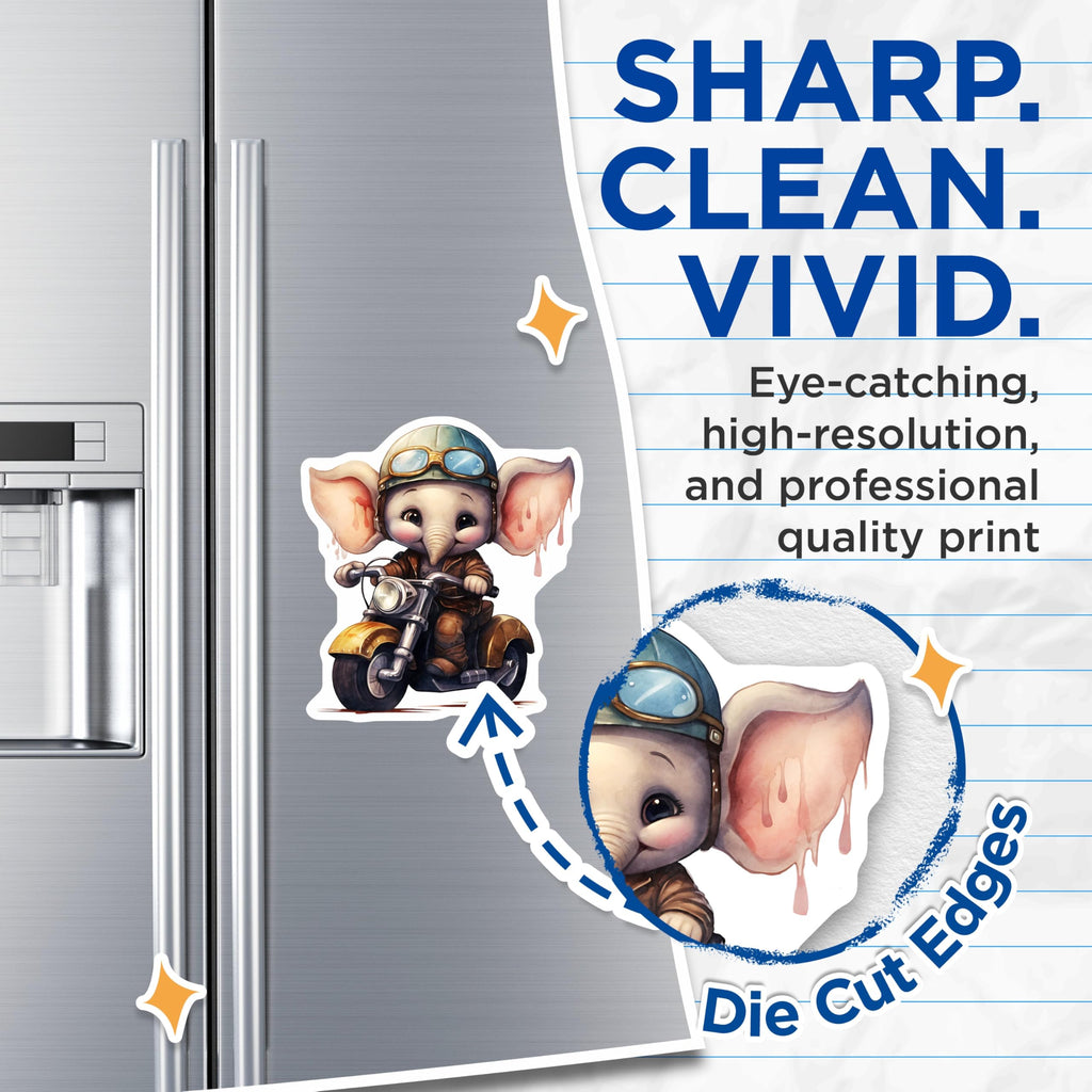(2 Pack) Elephant Motorcycle Magnets - Cute Animal Art - Fridge Decor - 5" On Longest Side - Premium Magnet - for Cars, Refrigerators, Toolboxes, Lockers - Made in USA - MAG16975