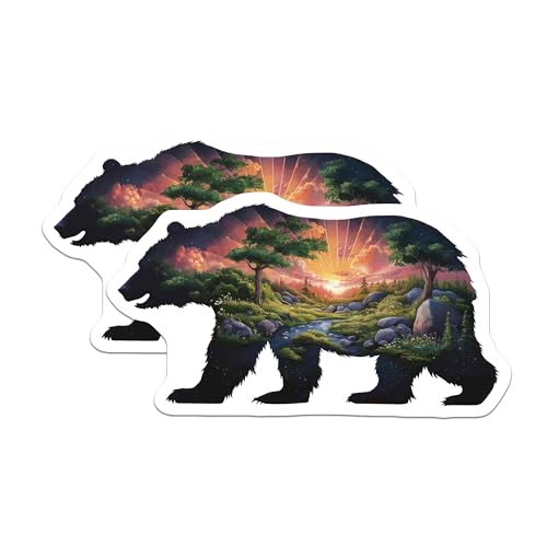 (2 Pack) Bear Landscape Art Magnets - Nature Decor - Animal Lovers Gift - Sunset River Scene - Wildlife Home Decoration - 5" On Longest Side - for Cars, Fridges, Toolboxes - Made in USA - MAG7119