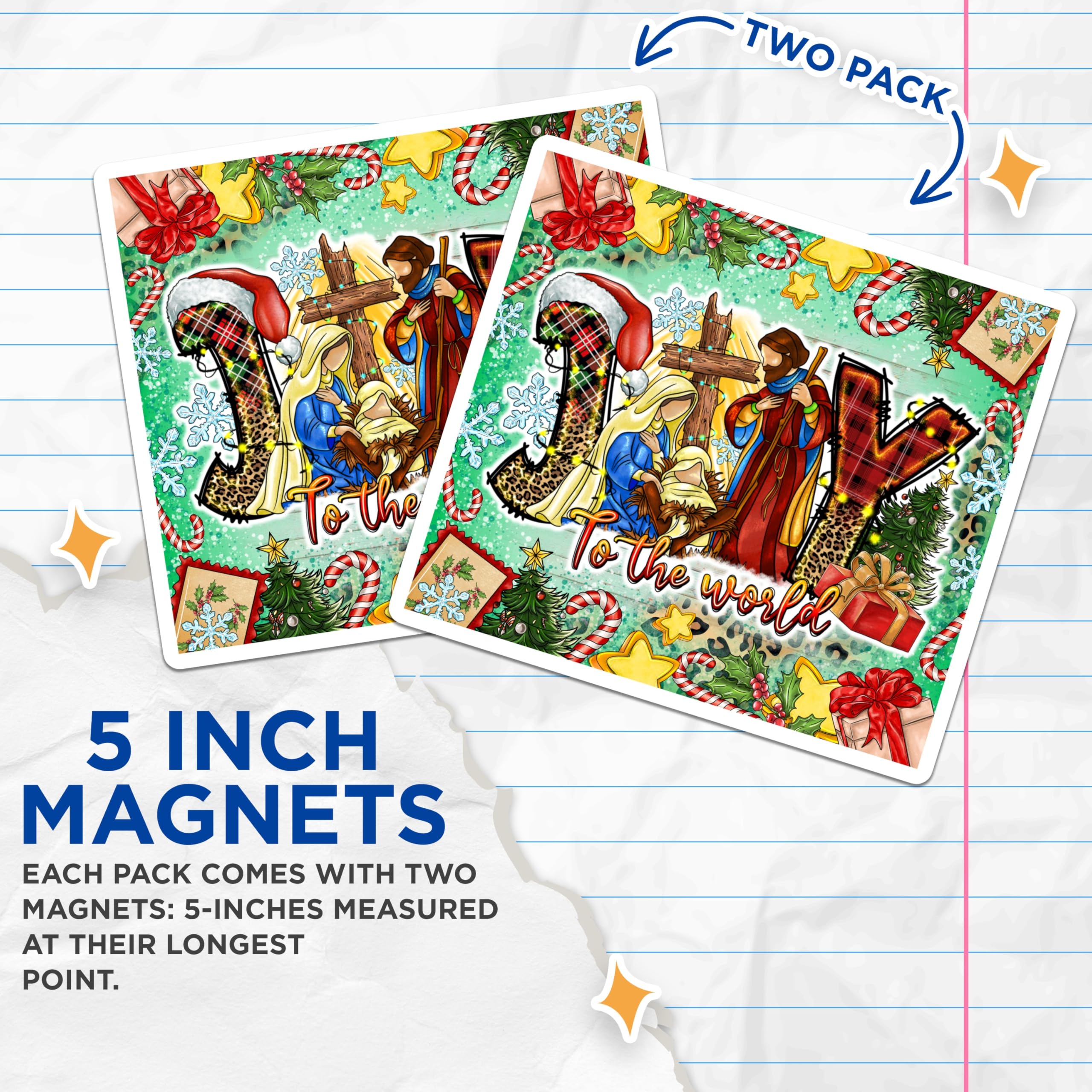 (2 Pack) Joy Nativity Scene Magnets - Religious Christmas Decor - Leopard Plaid Holiday Accent - 5 Inches On Longest Side - Thick Durable Magnet - Made in USA - MAG27990
