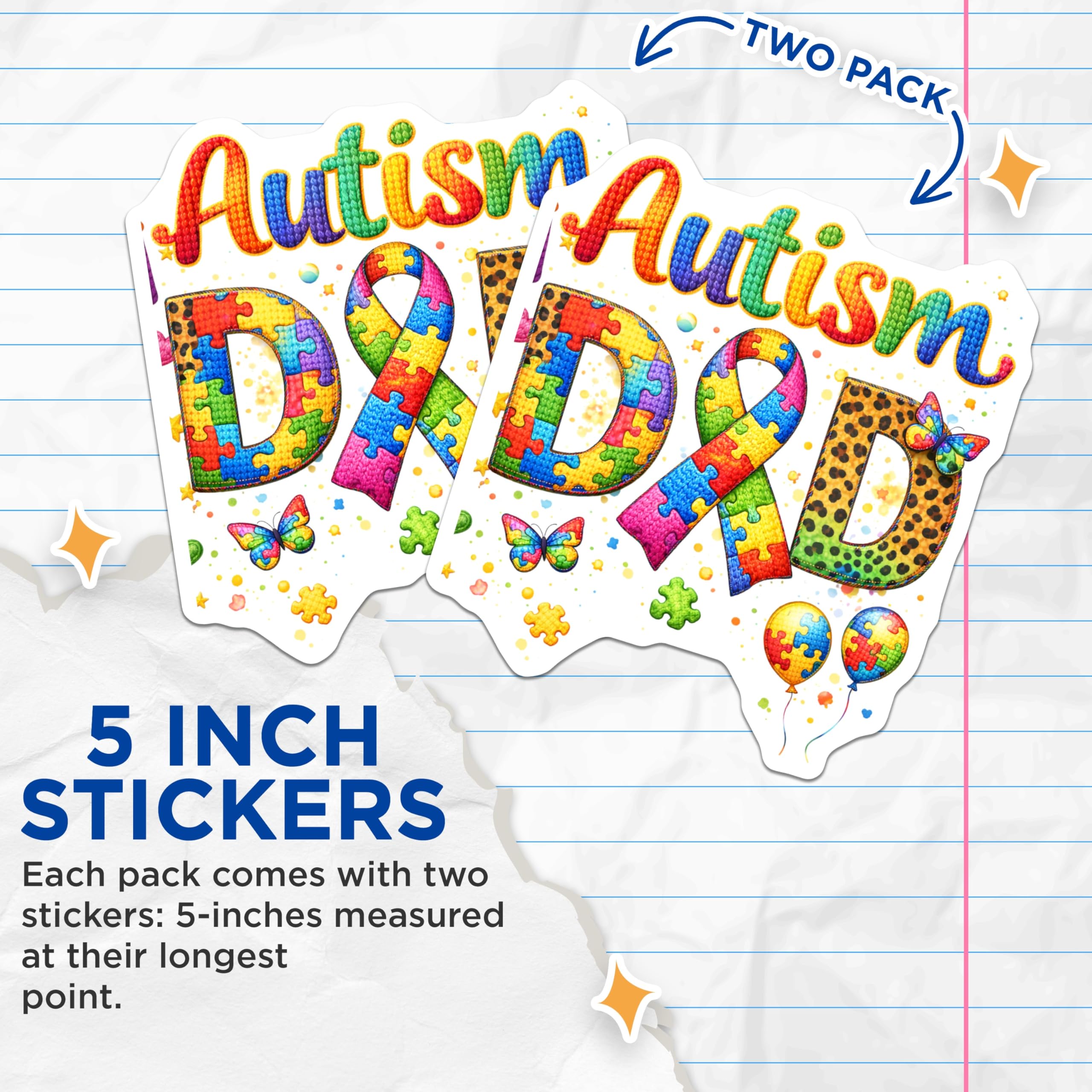(2 Pack) Autism Dad Stickers - Puzzle Piece Awareness - Support Advocate Father - 5" On Longest Side - Sticks to Smooth Flat Surfaces - Made in USA - BMCS20651
