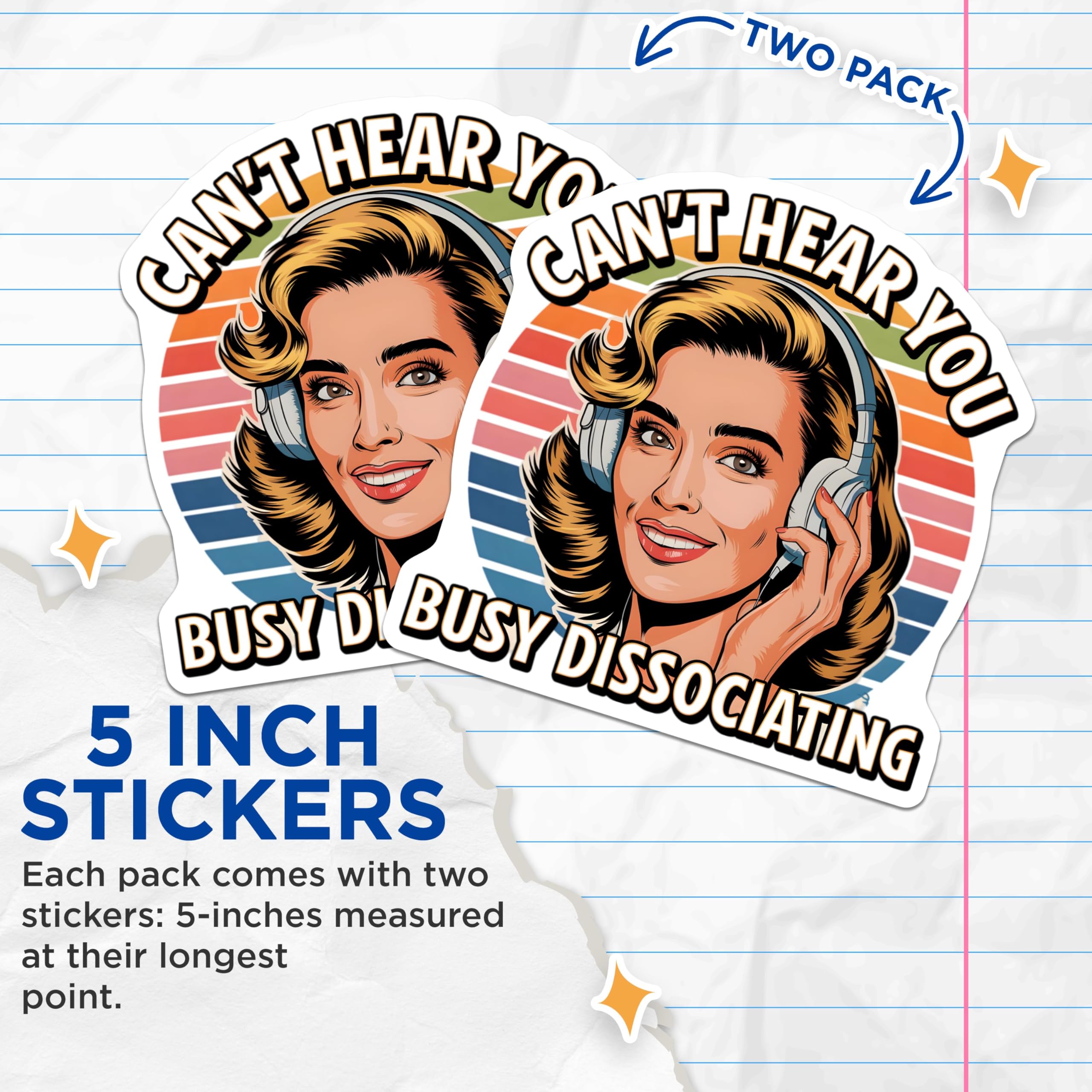 (2 Pack) Can't Hear You Stickers - Busy Dissociating - Retro Headphones Sticker - 5" On Longest Side - Sticks to Smooth Flat Surfaces - Made in USA - BMCS7092