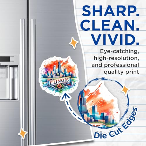 (2 Pack) Illinois Skyline Magnets - Chicago Cityscape - Vibrant Illinois Souvenir - Decorative Illinois Fridge Magnets - 5" On Longest Side - for Cars, Fridges, Toolboxes - Made in USA - MAG7007