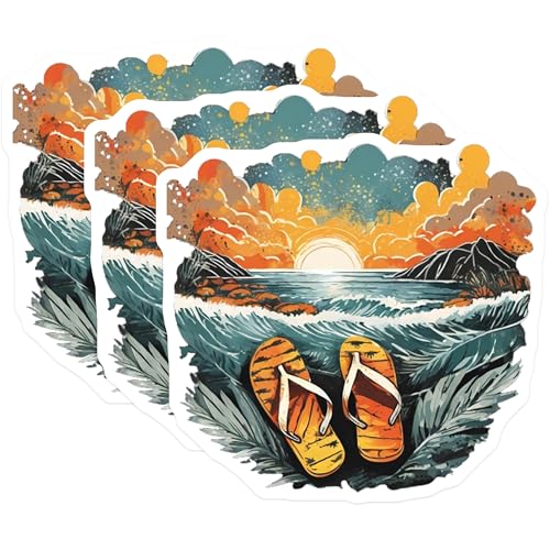 (3 Pack) Beach Scenery Decals - Flip Flops Art - Vacation Vibes Stickers - 3 Inches On Longest Side - Easy Peel & Apply - Made in USA - 3MCS8086
