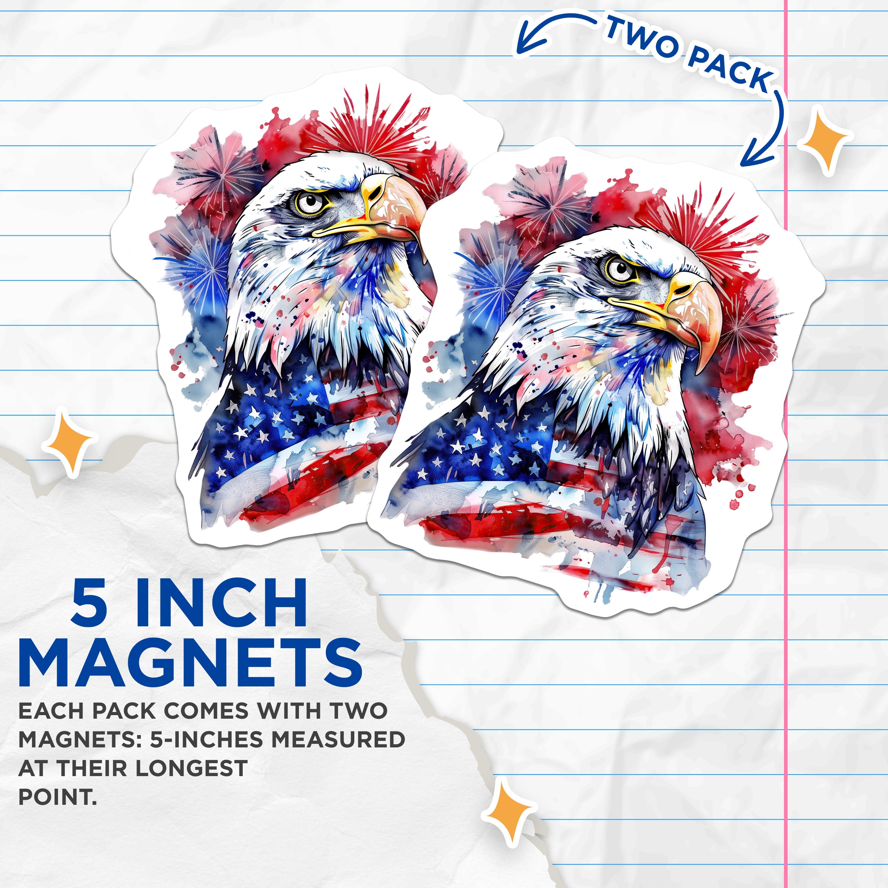 (2 Pack) Patriotic Eagle Magnets - American Flag Art - Fourth of July Decor - Veterans Day - 5 Inches On Longest Side - Thick Durable Magnet - Made in USA - MAG36373