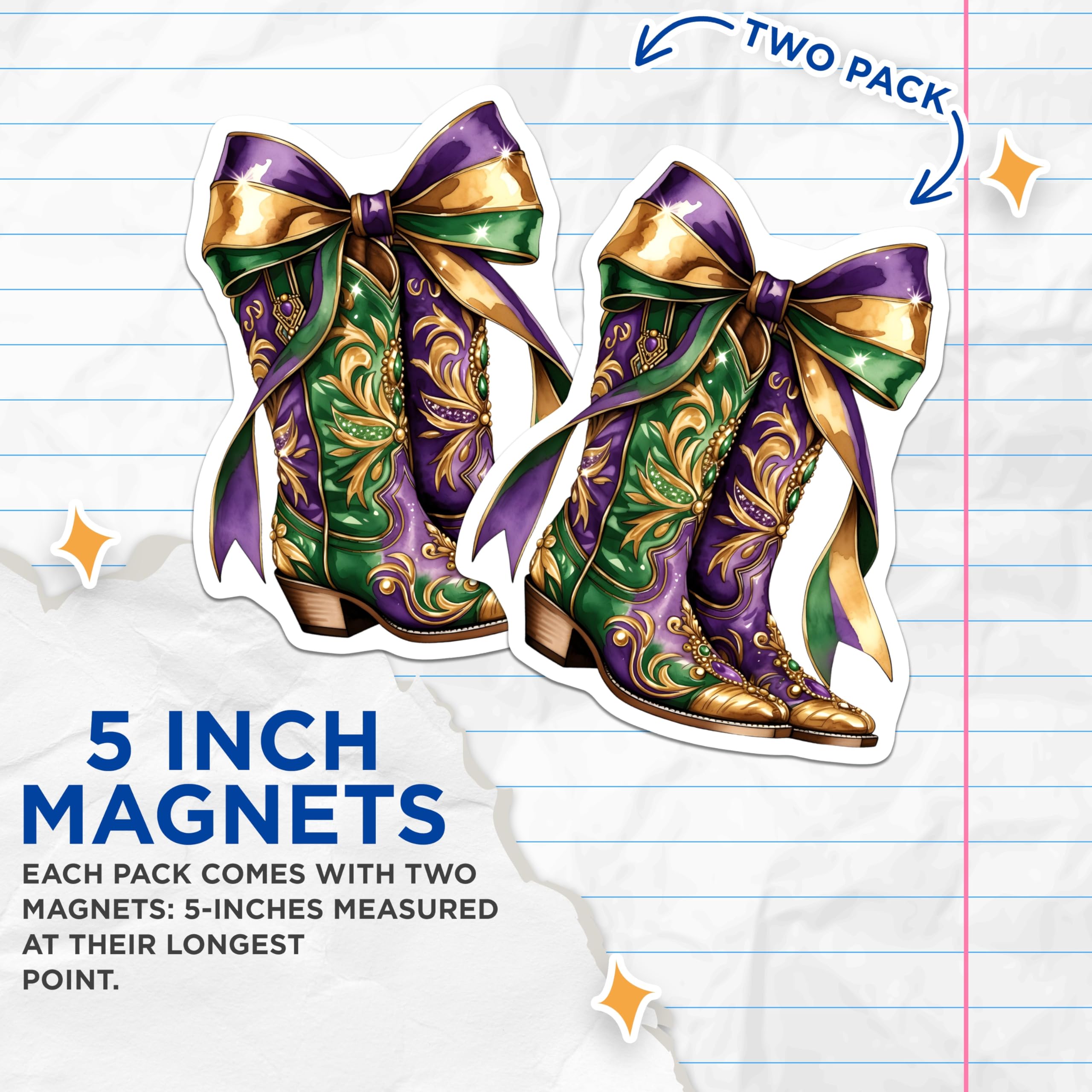 (2 Pack) Mardi Gras Boots Magnets - Festive Decor - Holiday Decorations - 5" On Longest Side - Premium Magnet - for Cars, Refrigerators, Toolboxes, Lockers - Made in USA - MAG15447