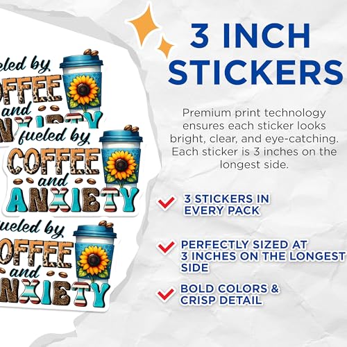 (3 Pack) Coffee Anxiety Decals - Fueled by Coffee - Funny Laptop Decals - 3 Inches On Longest Side - Easy Peel & Apply - Made in USA - 3MCS6298