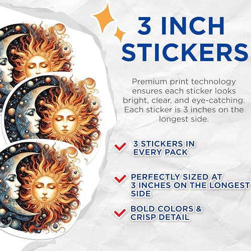 (3 Pack) Sun and Moon Decals - Celestial Harmony Stickers - Laptop Art Decals - 3 Inches On Longest Side - Easy Peel & Apply - Made in USA - 3MCS1113